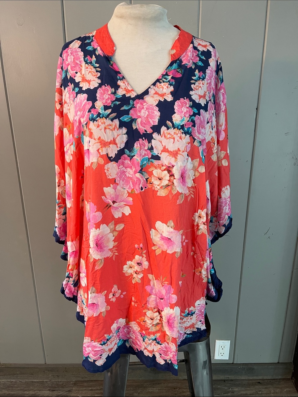 Tolani Collection Tunic Kaftan Coral Pink Floral Cottage Coastal Boho Artsy XL